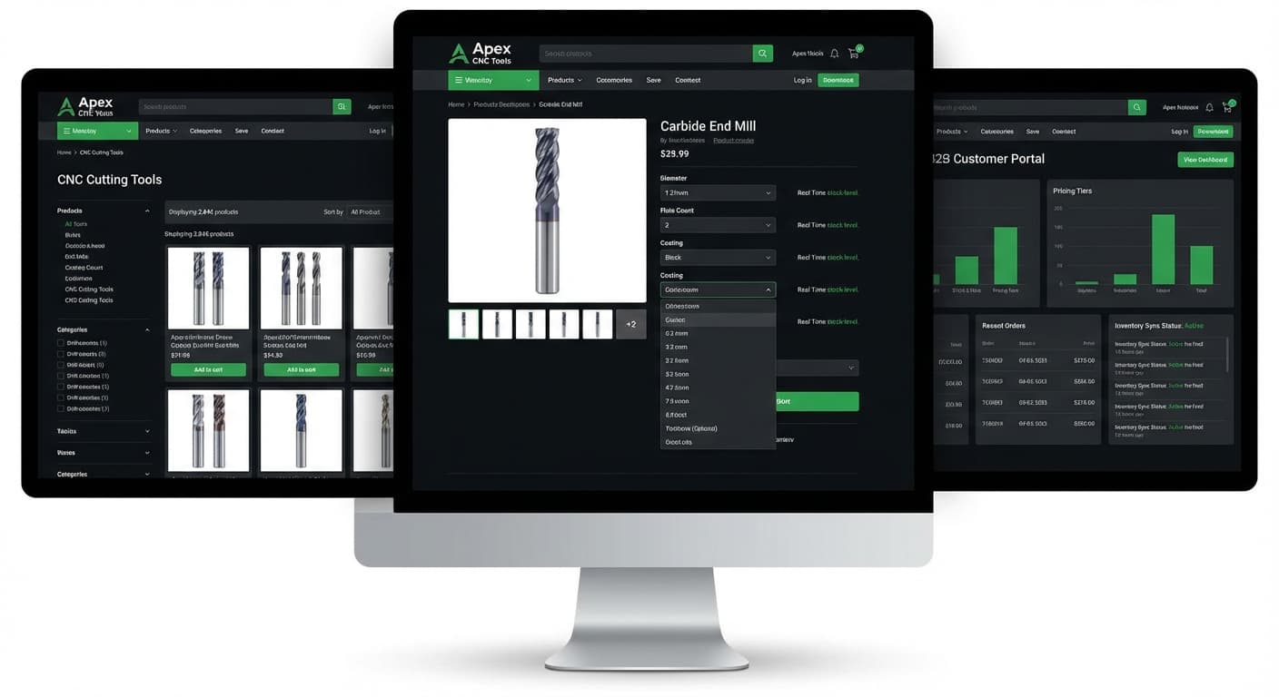 CNC tool store e-commerce platform showing product catalog and B2B pricing dashboard