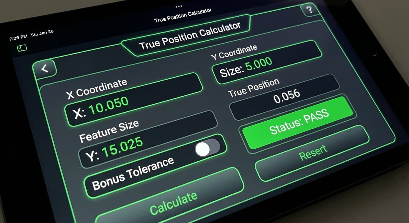 Engineering calculators case study showing True Position, Speeds and Feeds, and Rectangle to Round calculators