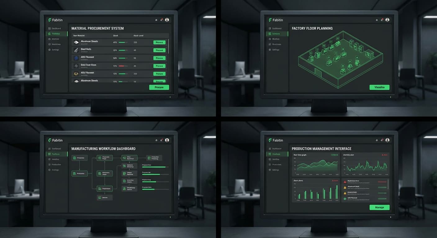 Fabitin on-demand fabrication platform showing material procurement and factory floor planning