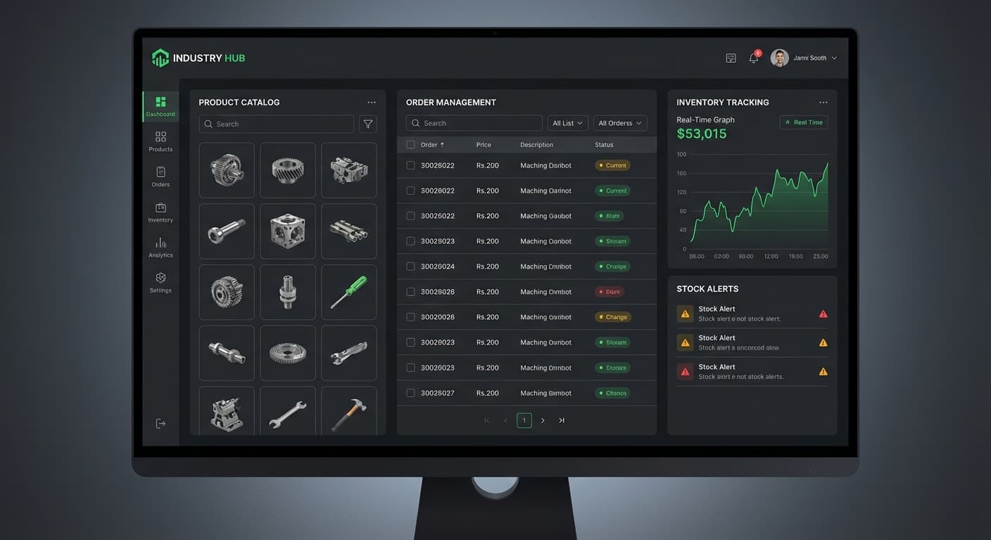 Industrial e-commerce dashboard showing product catalog, orders, and inventory management