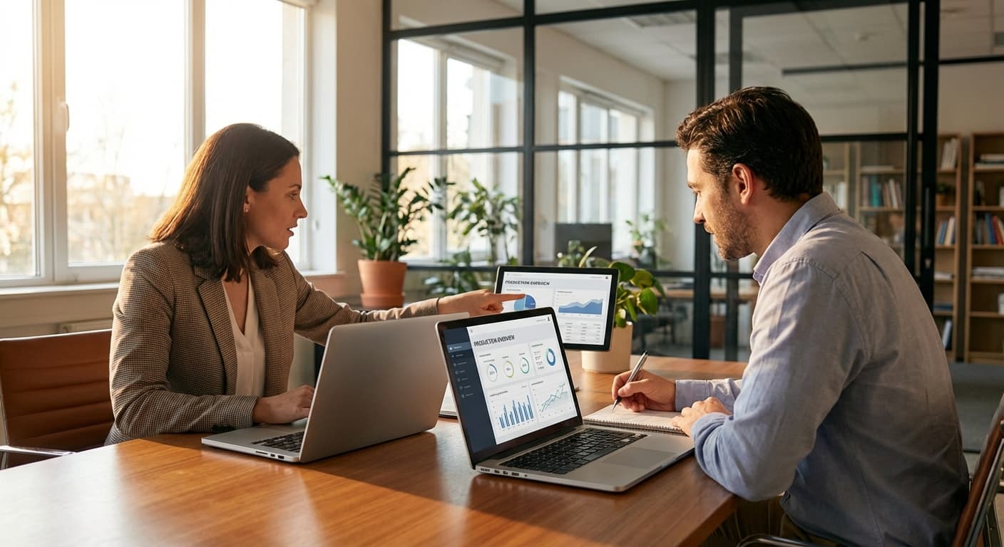 Professional business consultation meeting with two people discussing manufacturing software solutions