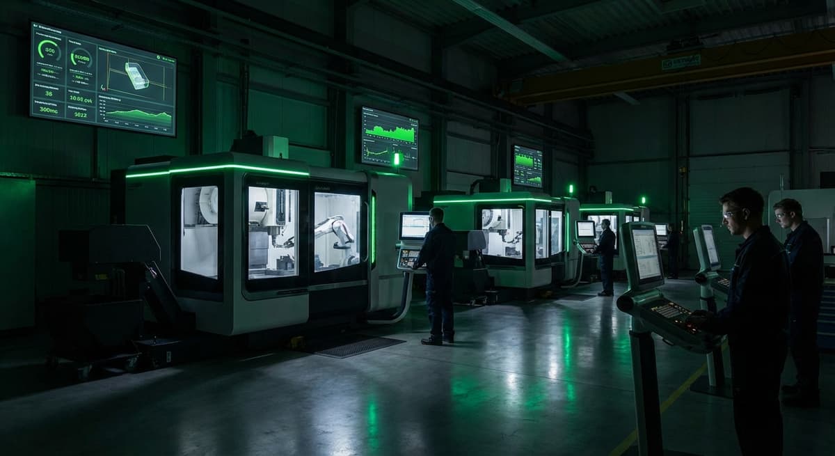 Modern industrial manufacturing facility with CNC machines and digital displays
