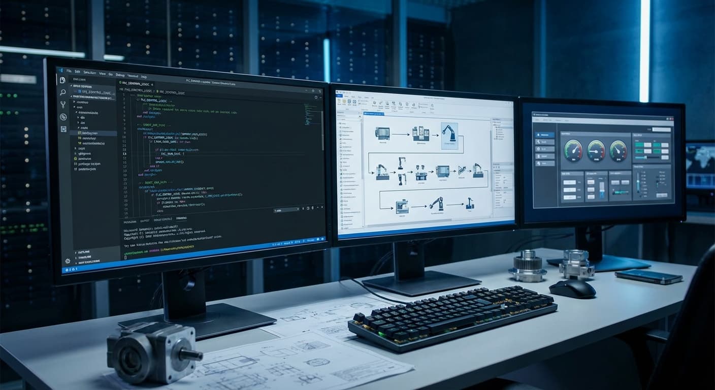 Custom manufacturing software development environment with code editor and workflow diagrams