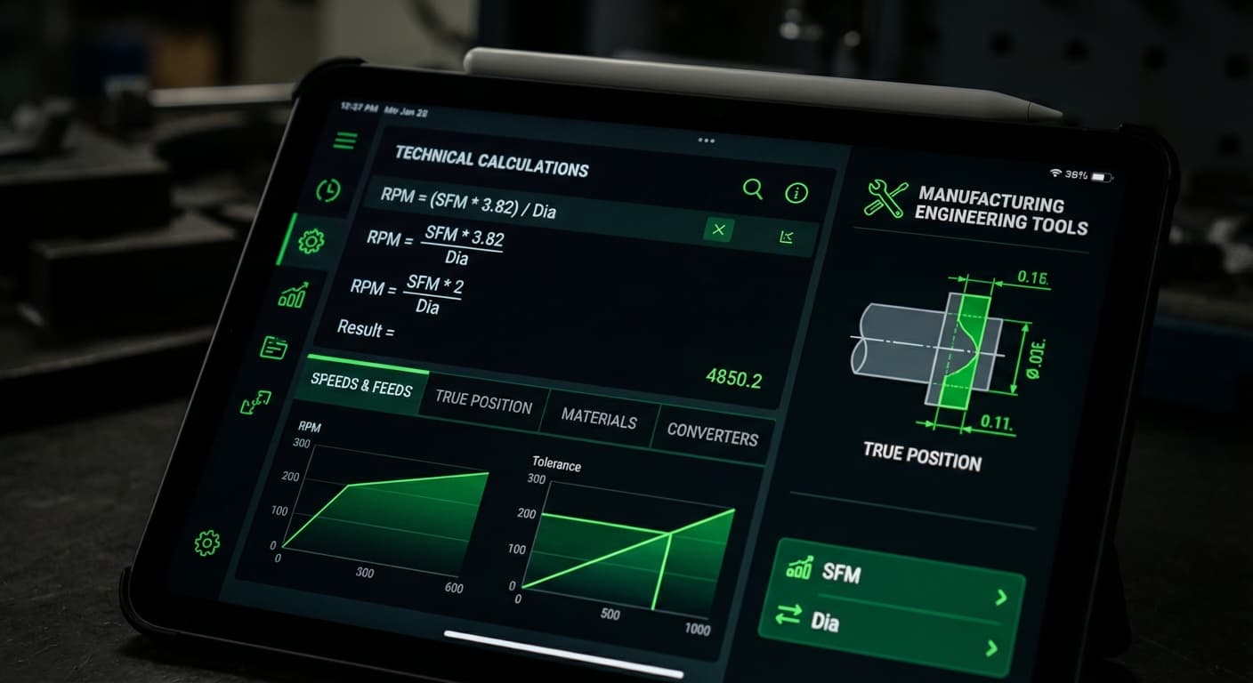 Engineering calculator interface showing technical calculations, speeds and feeds, and true position tools