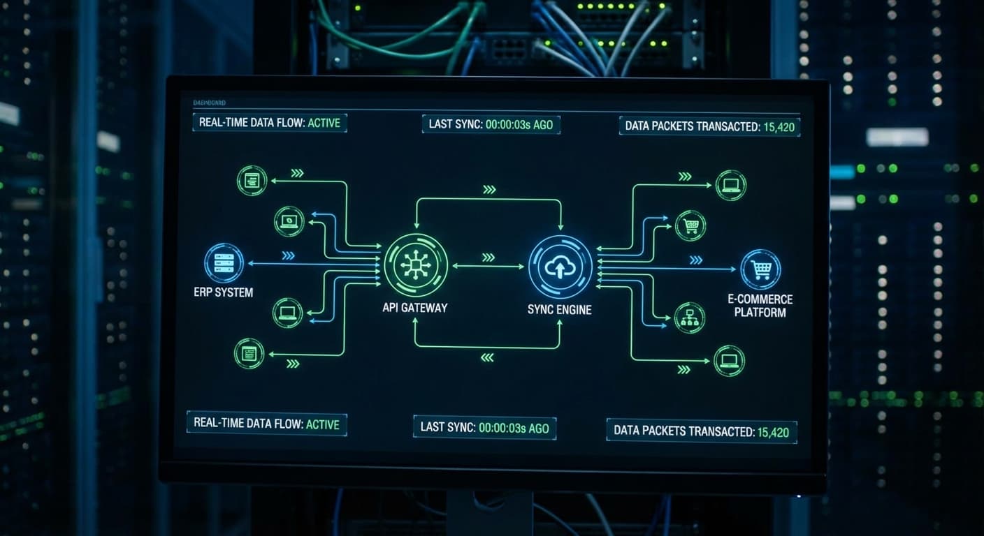 ERP integration system showing data synchronization between ERP and e-commerce platforms