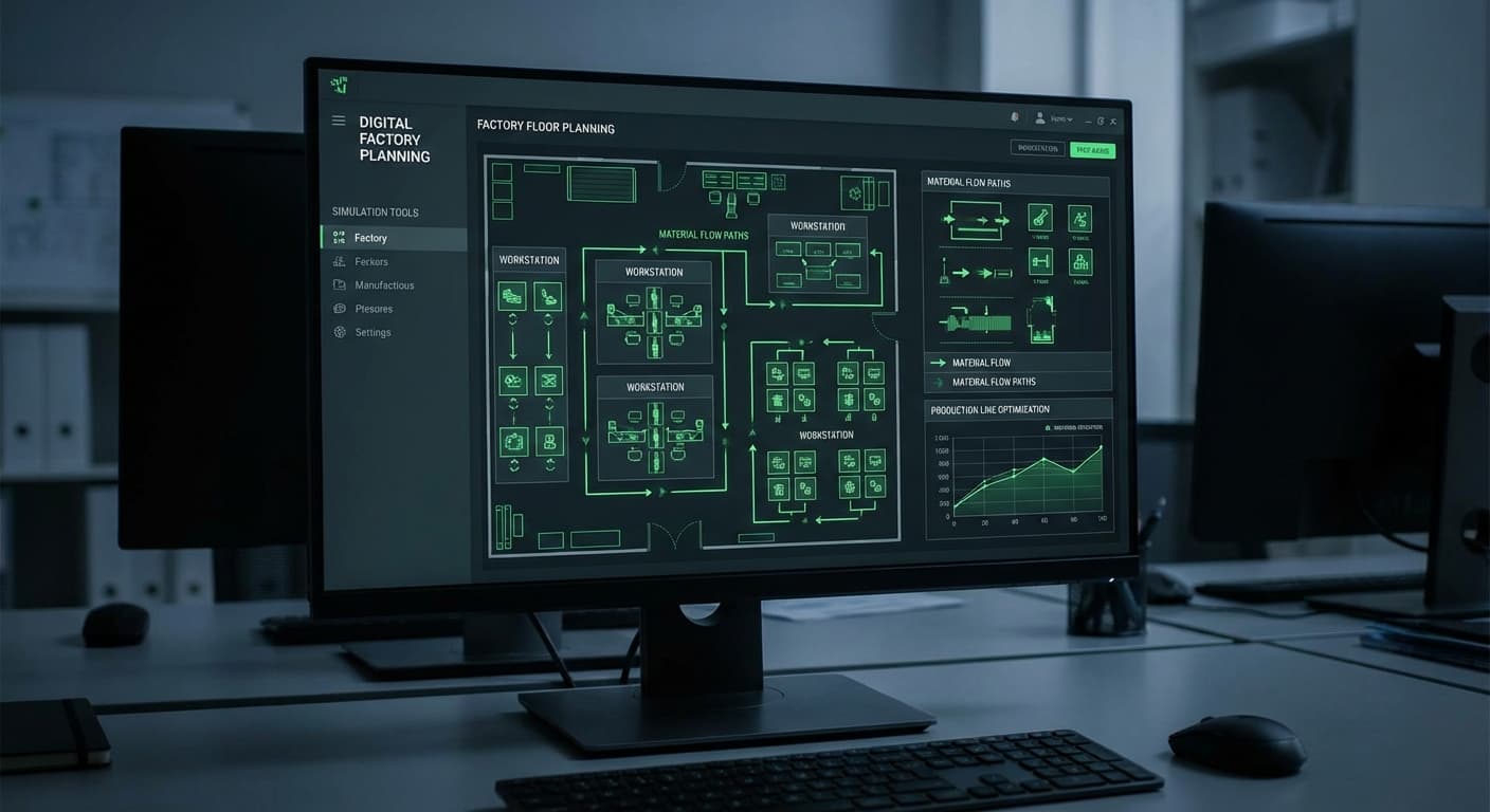 Factory floor planning software showing manufacturing layout, workstations, and material flow paths