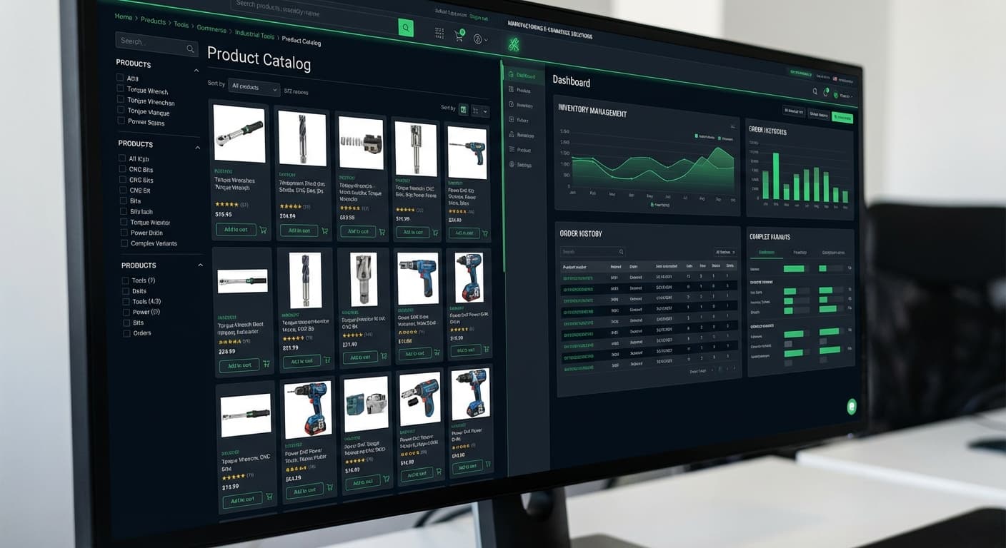 Industrial e-commerce platform interface showing product catalog, B2B ordering system, and inventory management