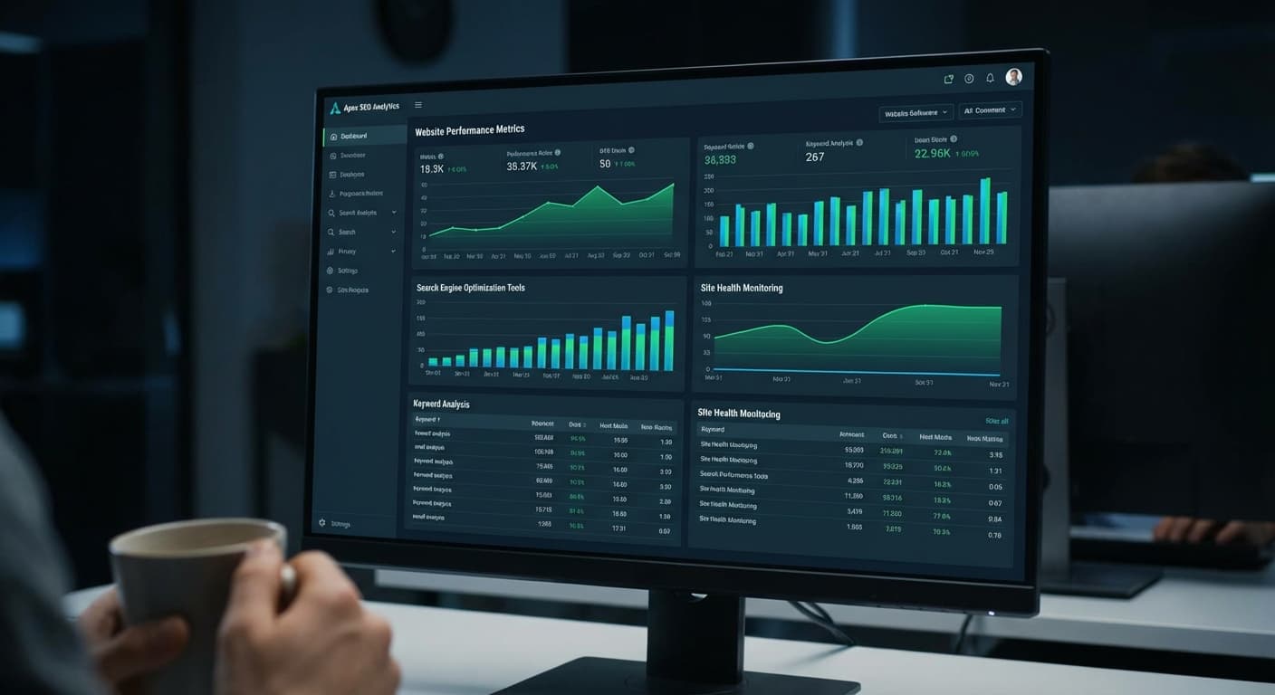 Technical SEO dashboard showing website performance metrics, keyword analysis, and site health monitoring