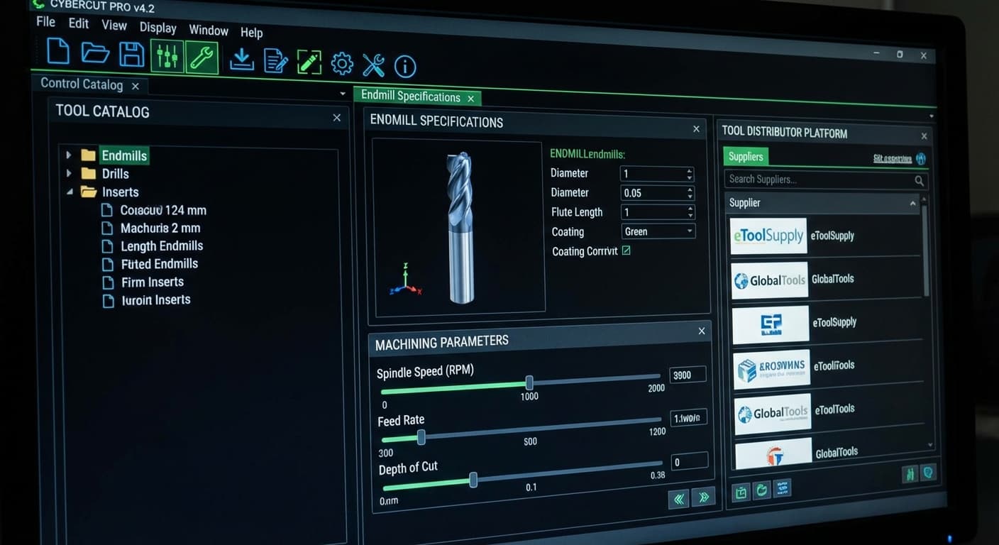 CNC machining and tooling software interface showing tool catalog and machining parameters