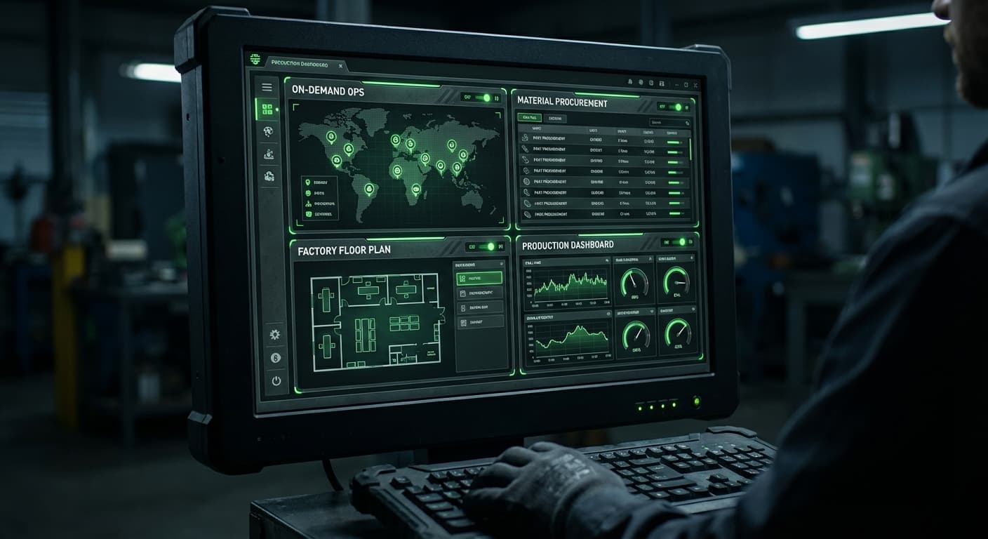 Fabrication and manufacturing software showing on-demand operations and material procurement
