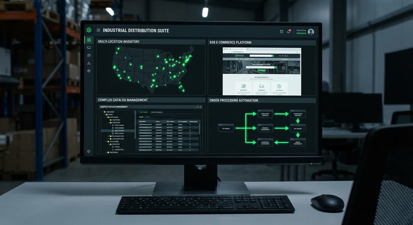 Industrial distribution software showing multi-location inventory and B2B e-commerce