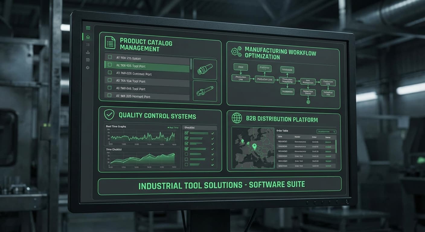 Tool manufacturer software showing product catalog and quality control systems