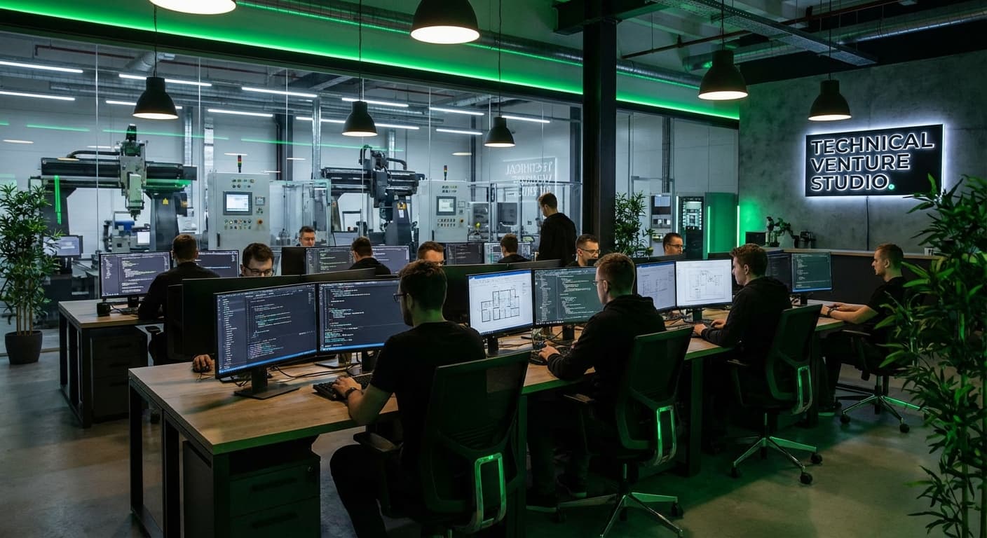 Technical venture studio workspace showing developers working on manufacturing software with industrial operations background